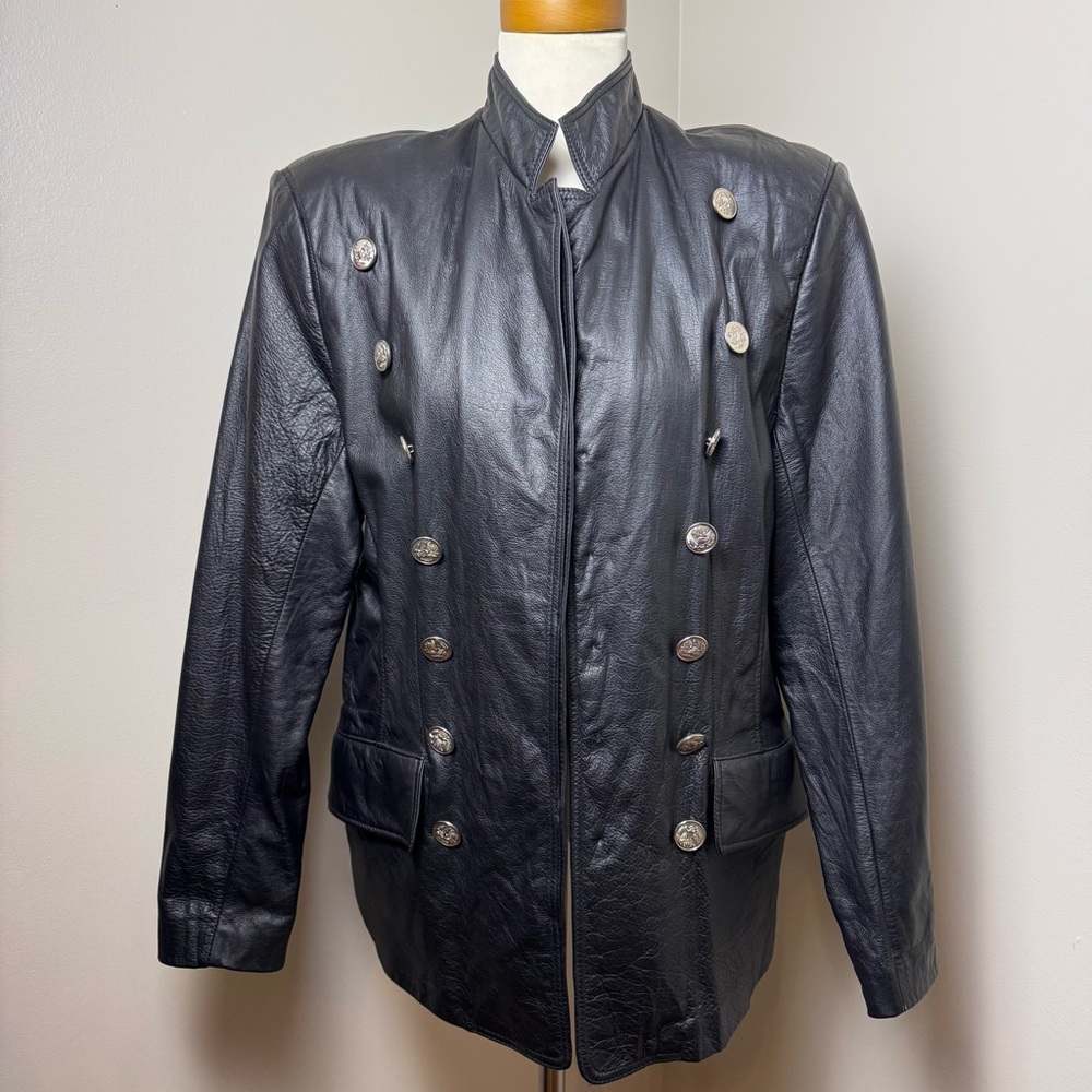 VTG VIRGINIA SLIMS Military Style Leather Double-Breasted Jacket BLACK / LARGE